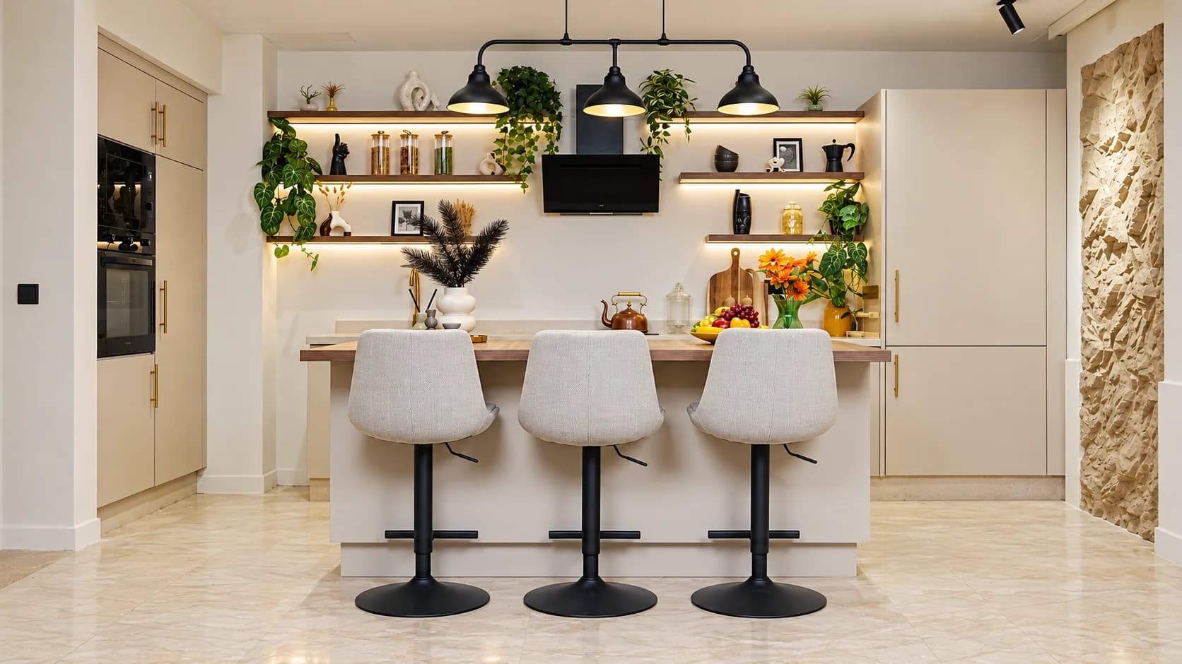 Le décor ICONIC KITCHEN : îlot central et tabourets, étagères éclairées, cuisine crème et laiton.