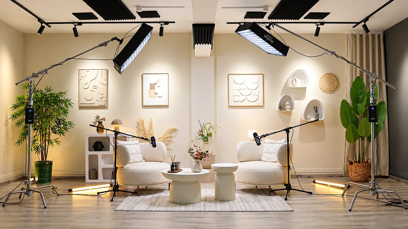 Le plateau WHITE PEARL équipé : fauteuils en bouclette ivoire, lumière douce, perches micro et projecteurs.