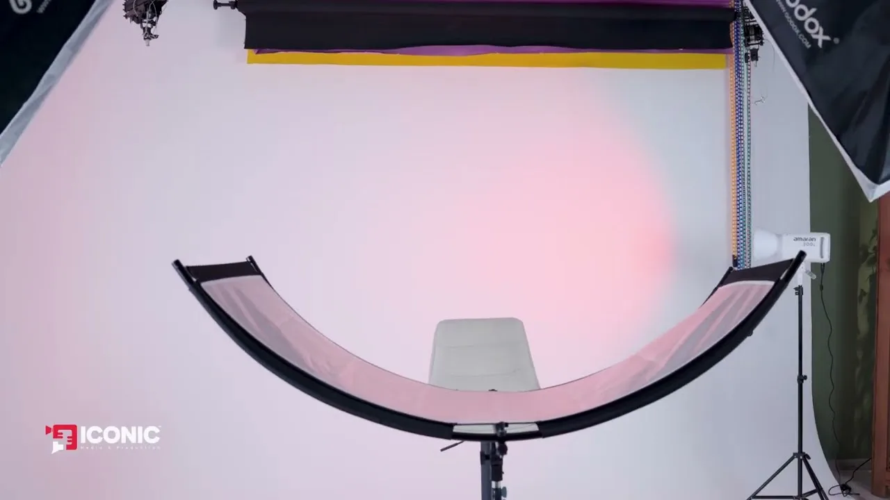 Film de la ZONE SHOOTING : cyclo blanc, réflecteur, boîtes à lumière et fonds papier de couleur